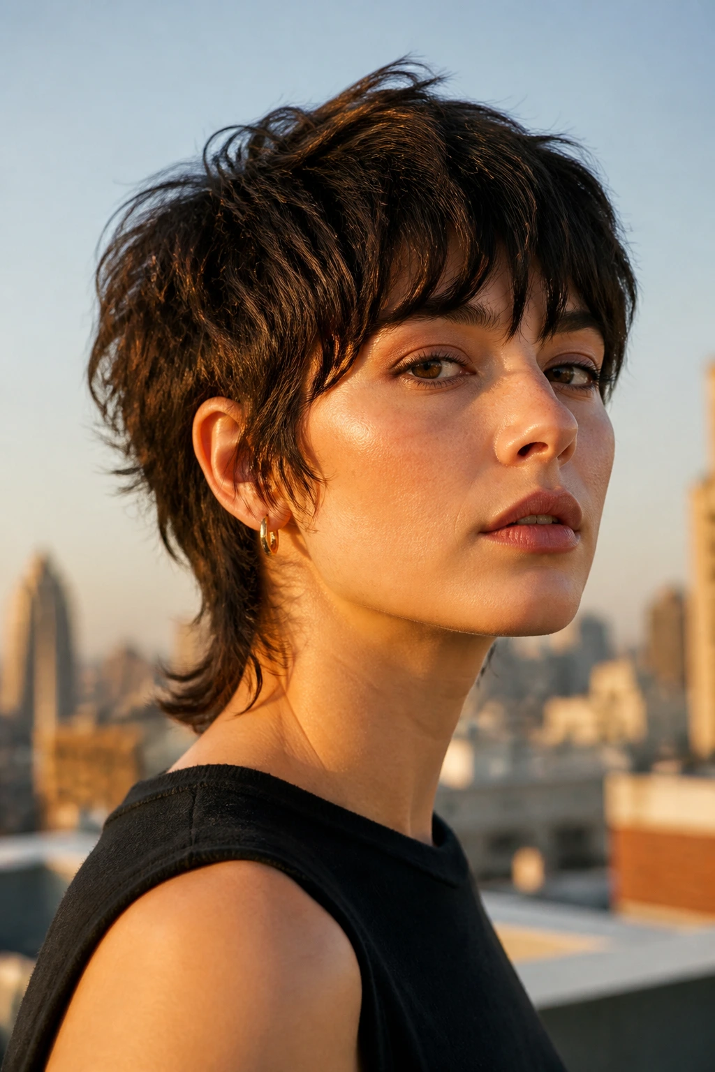 Close-up of a real woman with cropped wolf cut on rooftop at golden hour