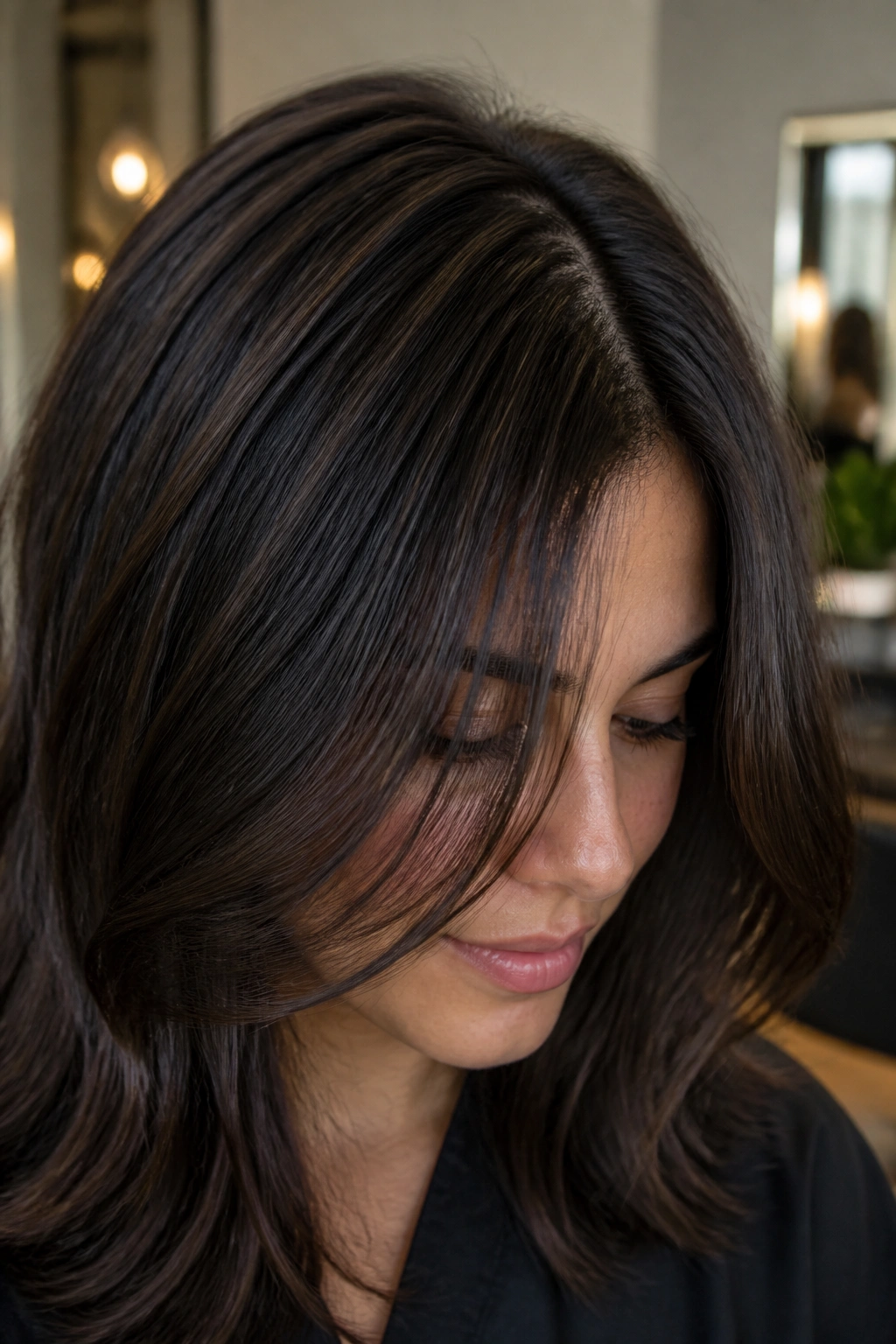 Close-up of brunette showing subtle black babylights at crown for height and depth.