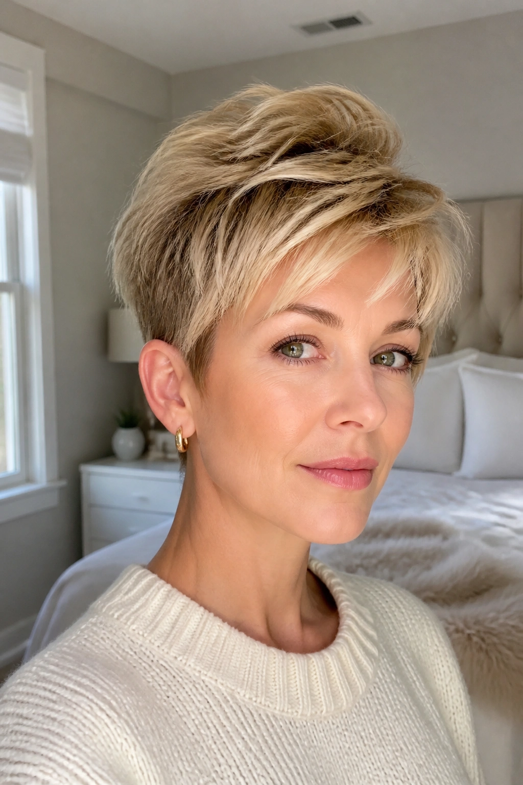 Real person with crown-boost pixie showing lifted crown.