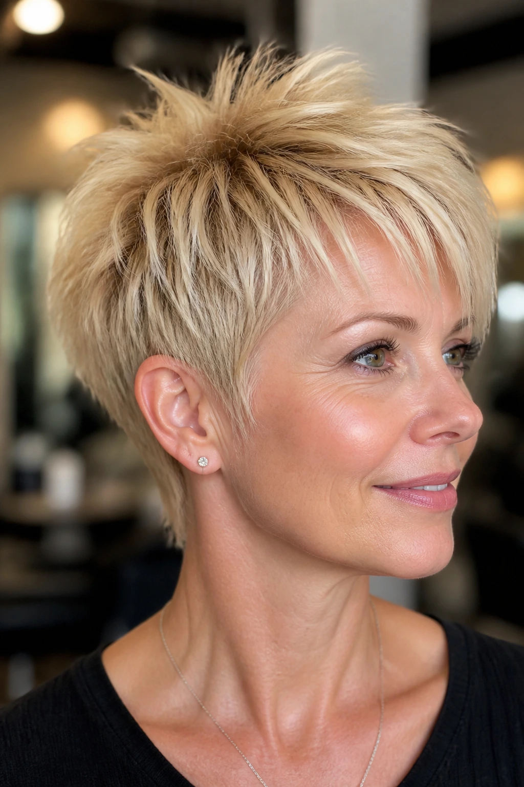Close-up of a real woman with crown-boosted choppy pixie