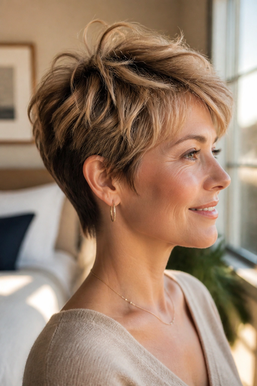Portrait of a woman with crown-boosted tousled pixie and lifted crown in warm light