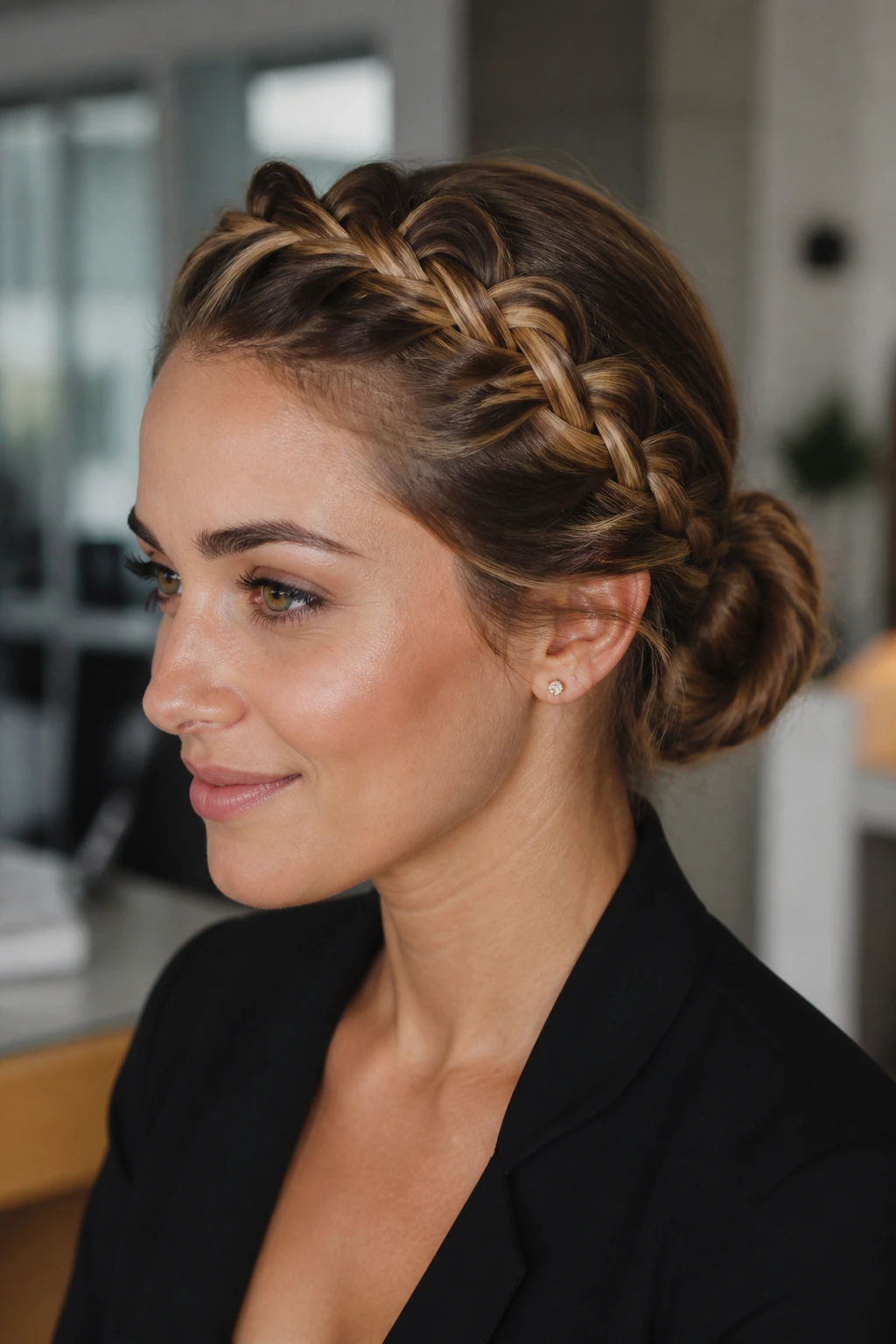 Close-up of crown braid flowing into a bun on a real person