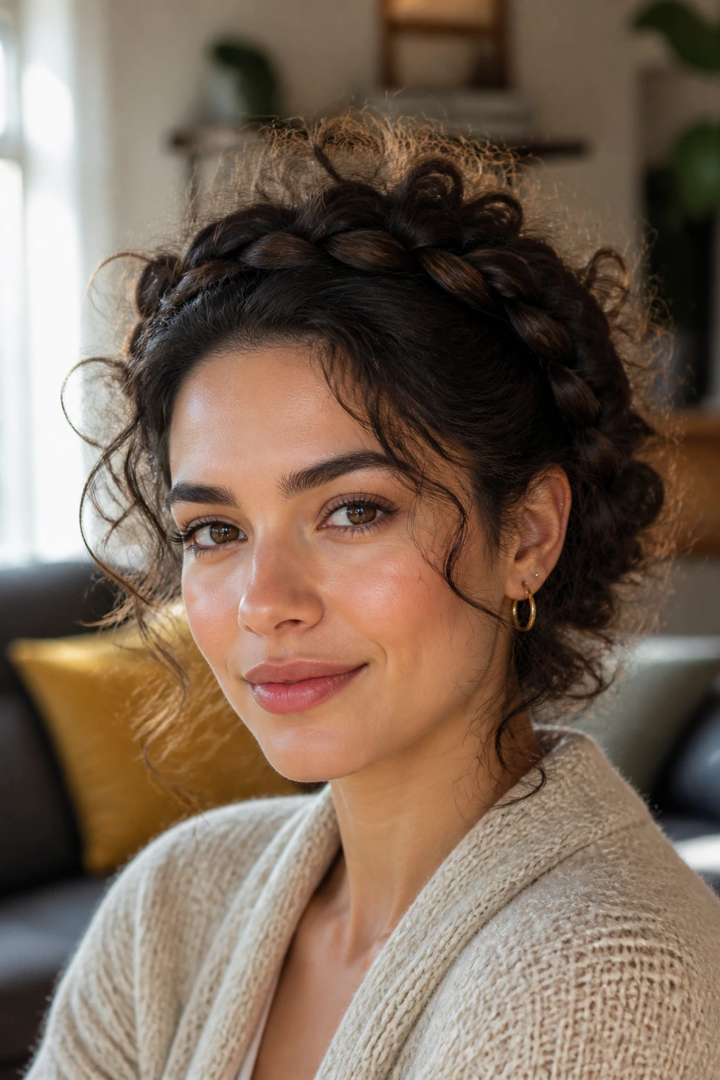 Close-up of a real woman with crown braid and loose ends framing her curls