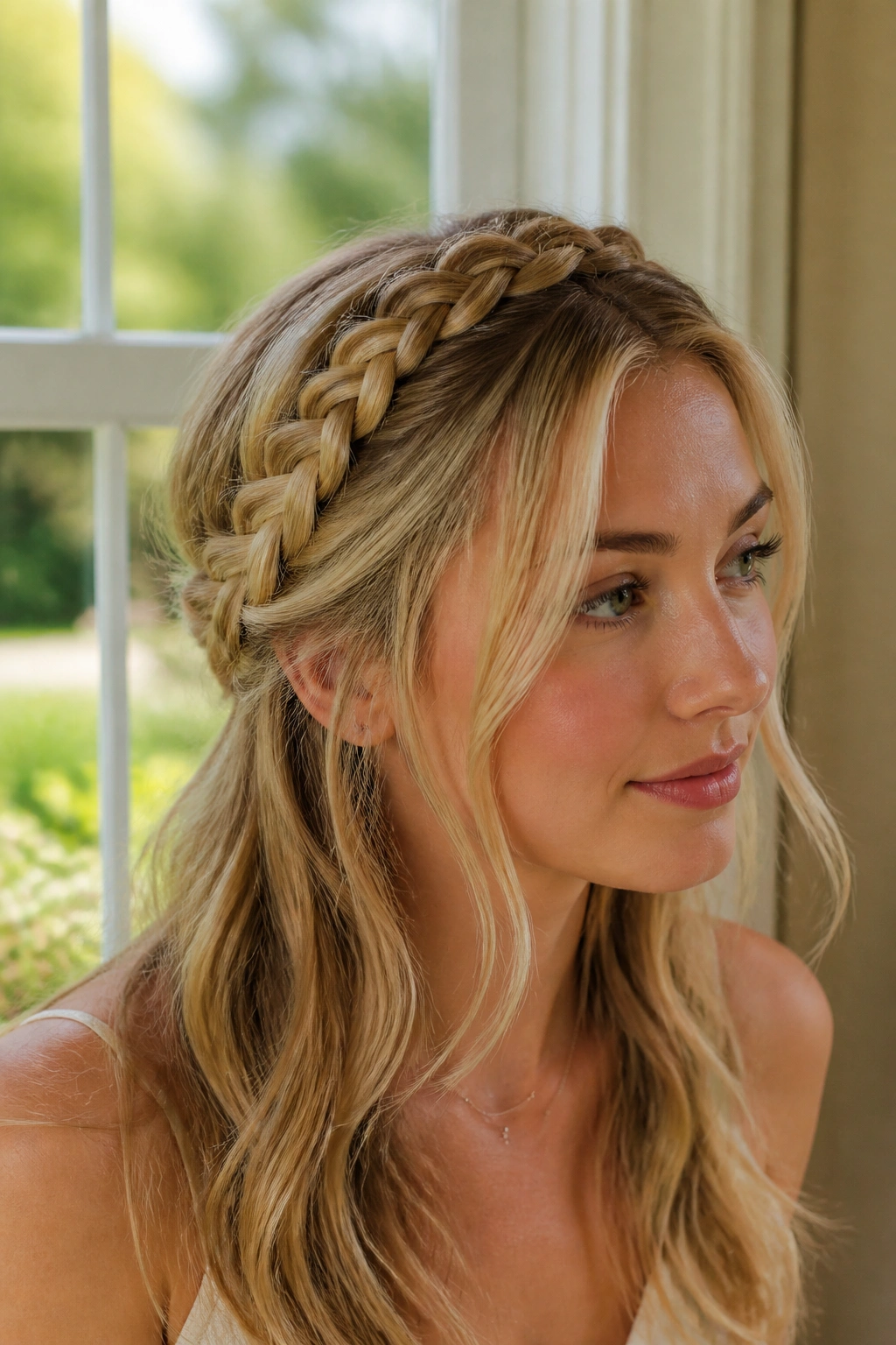 Close-up of a real person wearing a crown braid with face-framing pieces