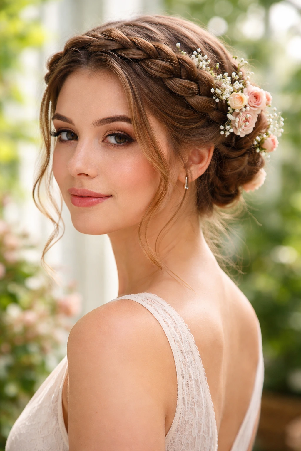 Close-up of a real woman with a crown braid and floral accents