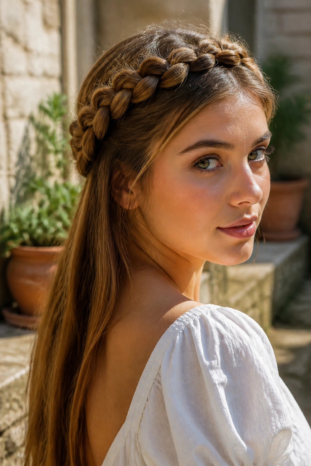 Real woman's head with crown braid around hairline in outdoor courtyard