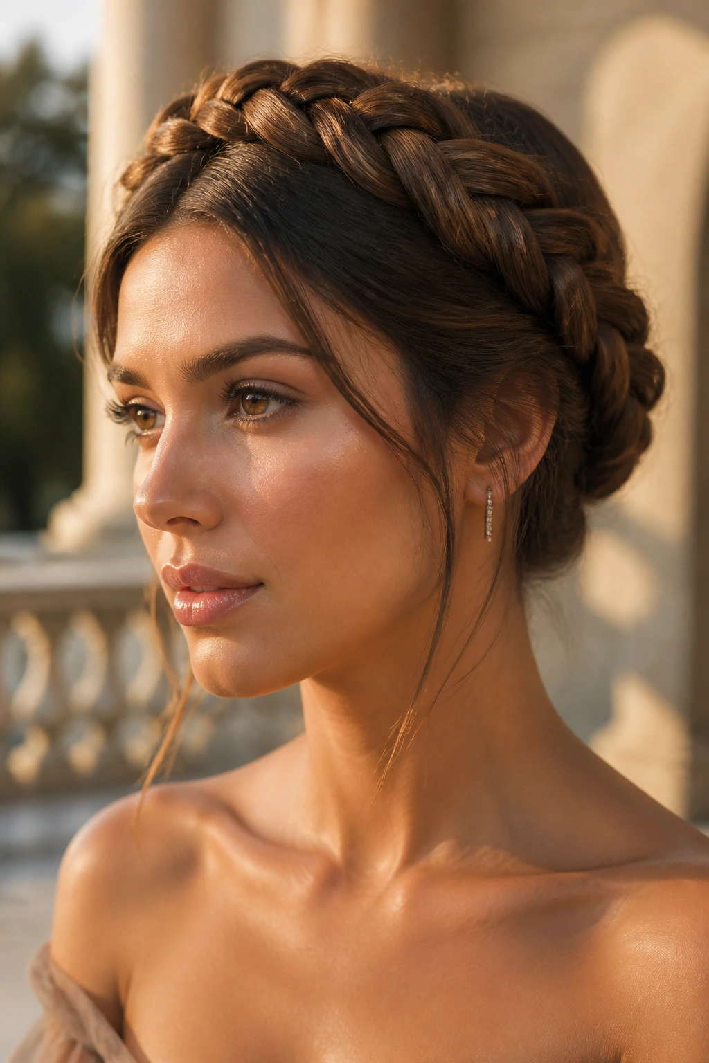 Close-up of a real woman with a crown braid across the top of the head
