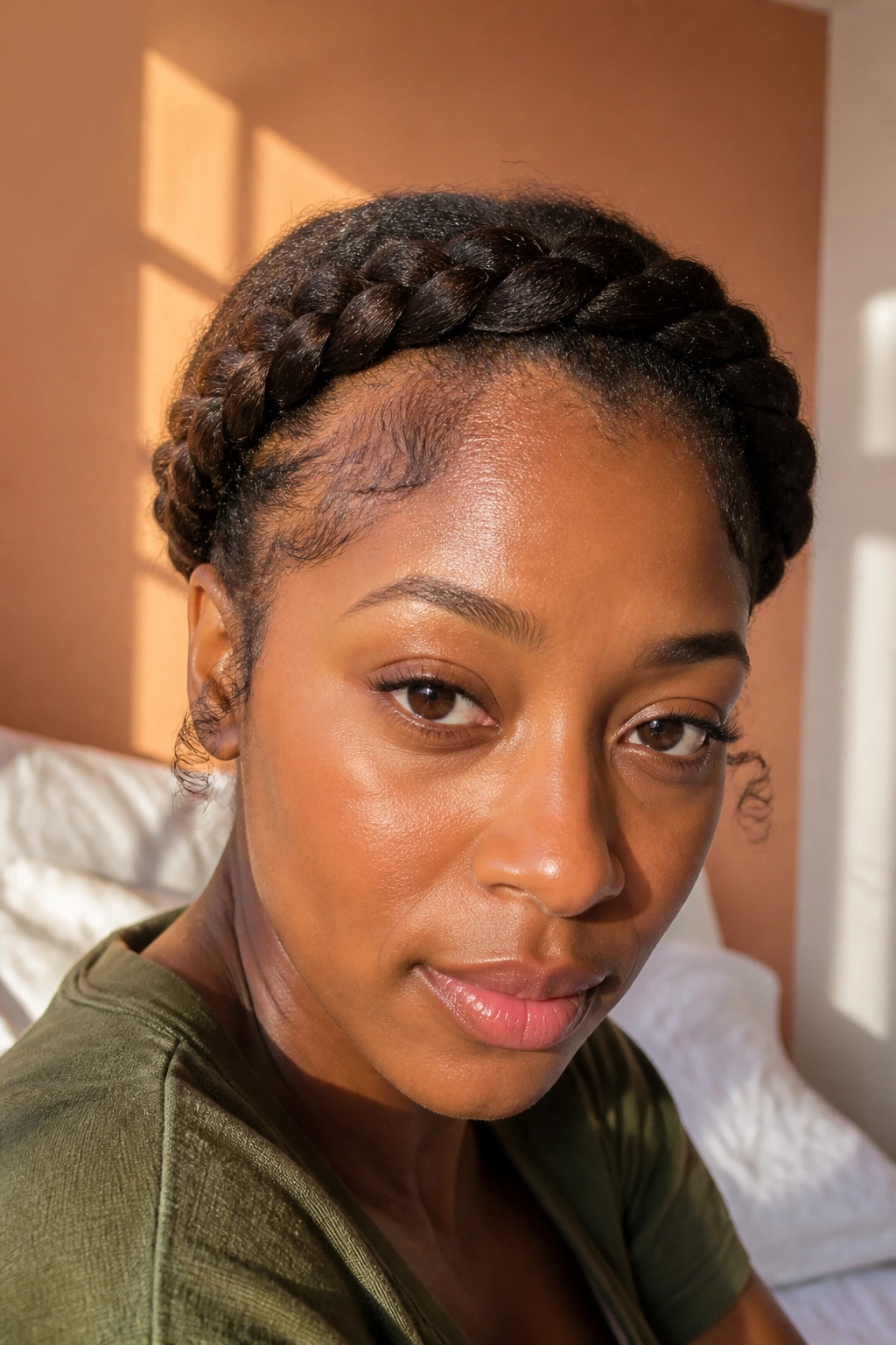 Close-up portrait of a real person wearing a crown braid around the hairline.