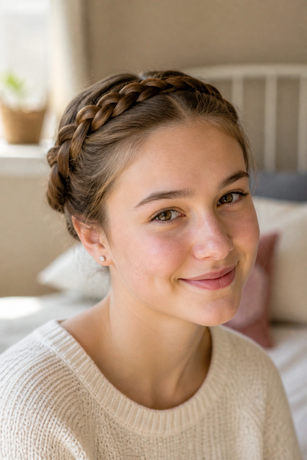 Close-up of a real person with a crown braid around the hairline.