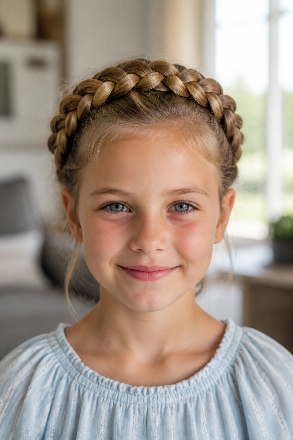Real girl wearing a crown braid around her head in a cozy room