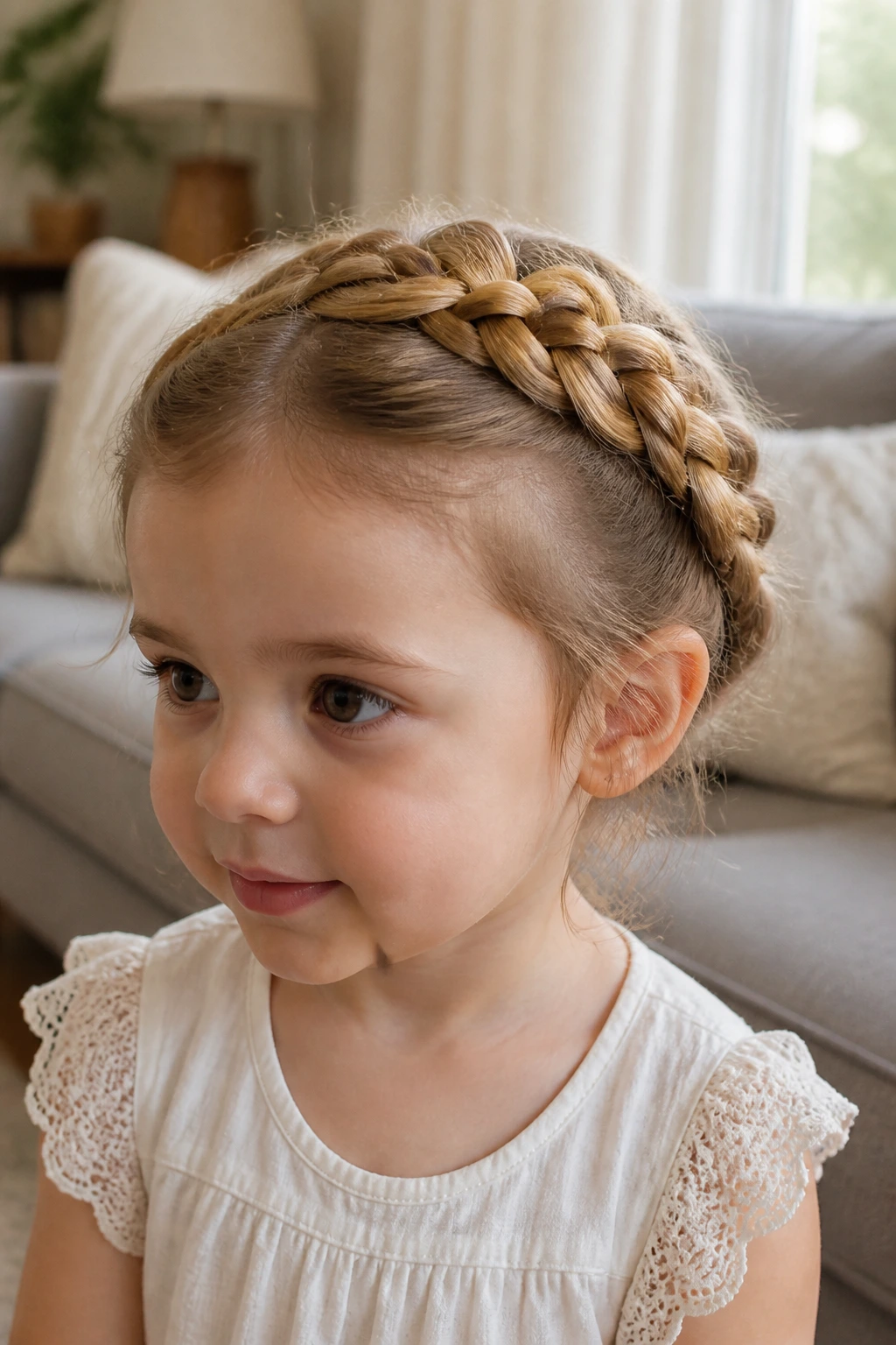 Close-up of toddler with crown braid halo under warm light