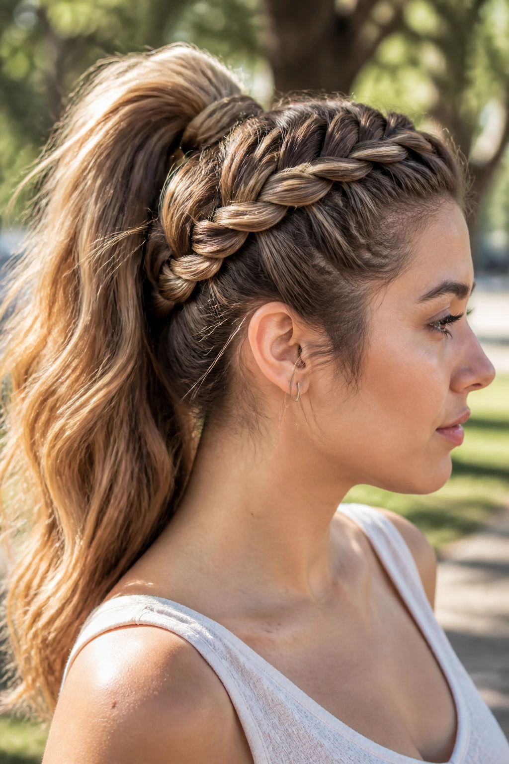 Portrait of a real woman with a crown braid into a high ponytail