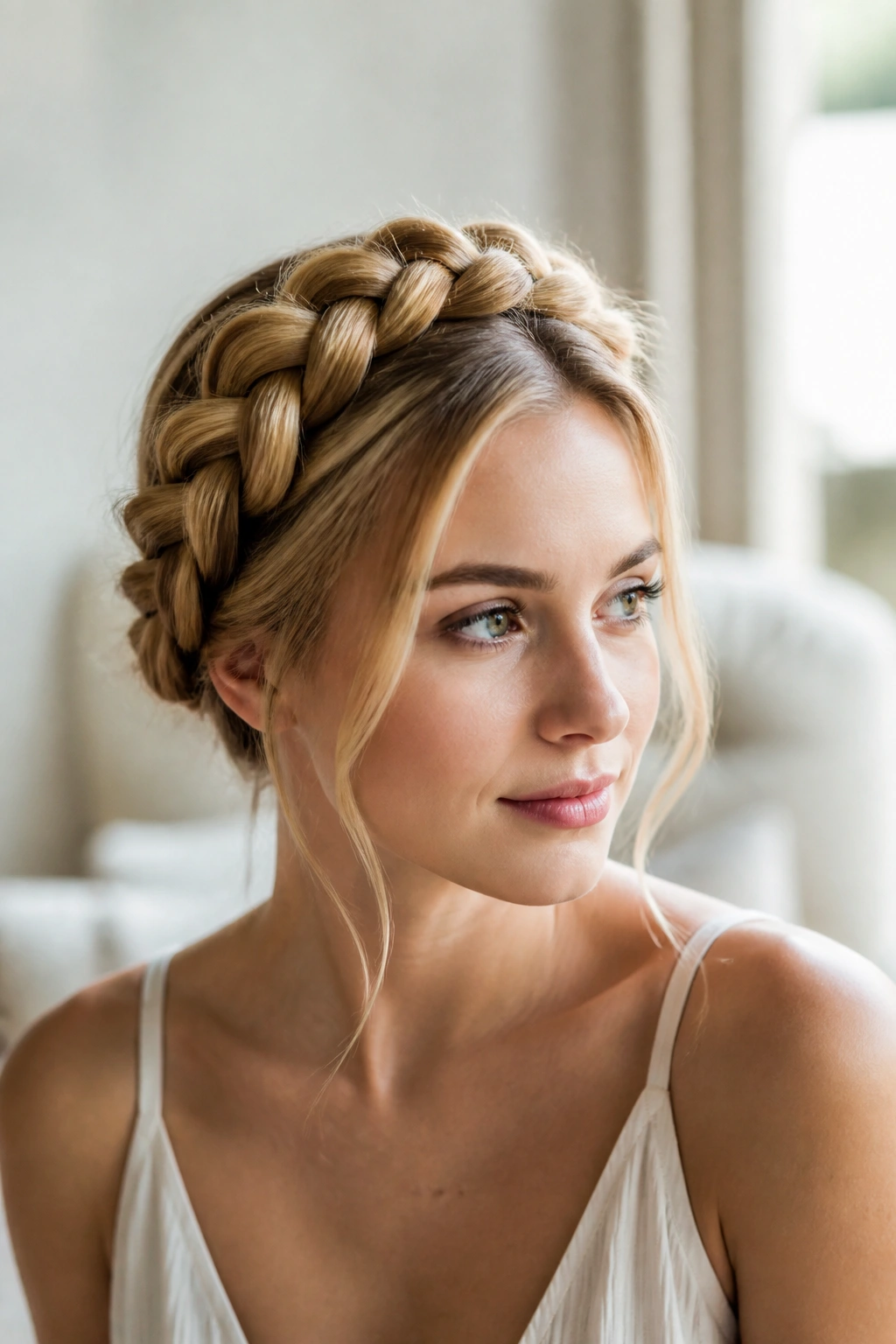 Head-and-shoulders portrait of a real woman wearing a crown braid around her head