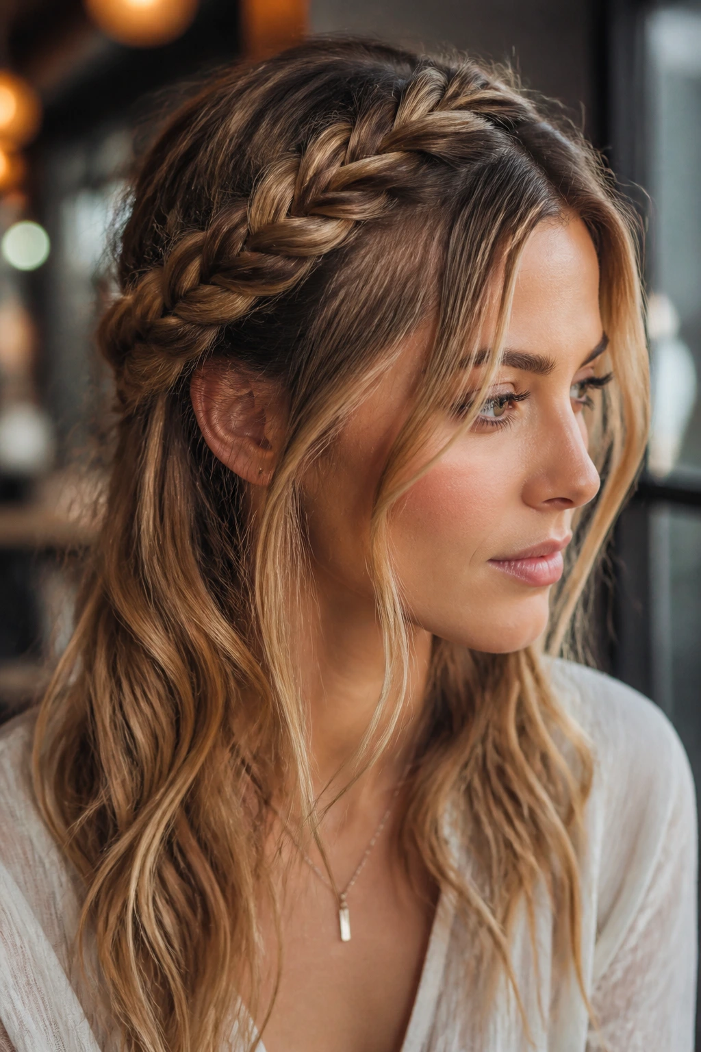Close-up portrait of a real woman with a high crown braid and loose hair around the temples.