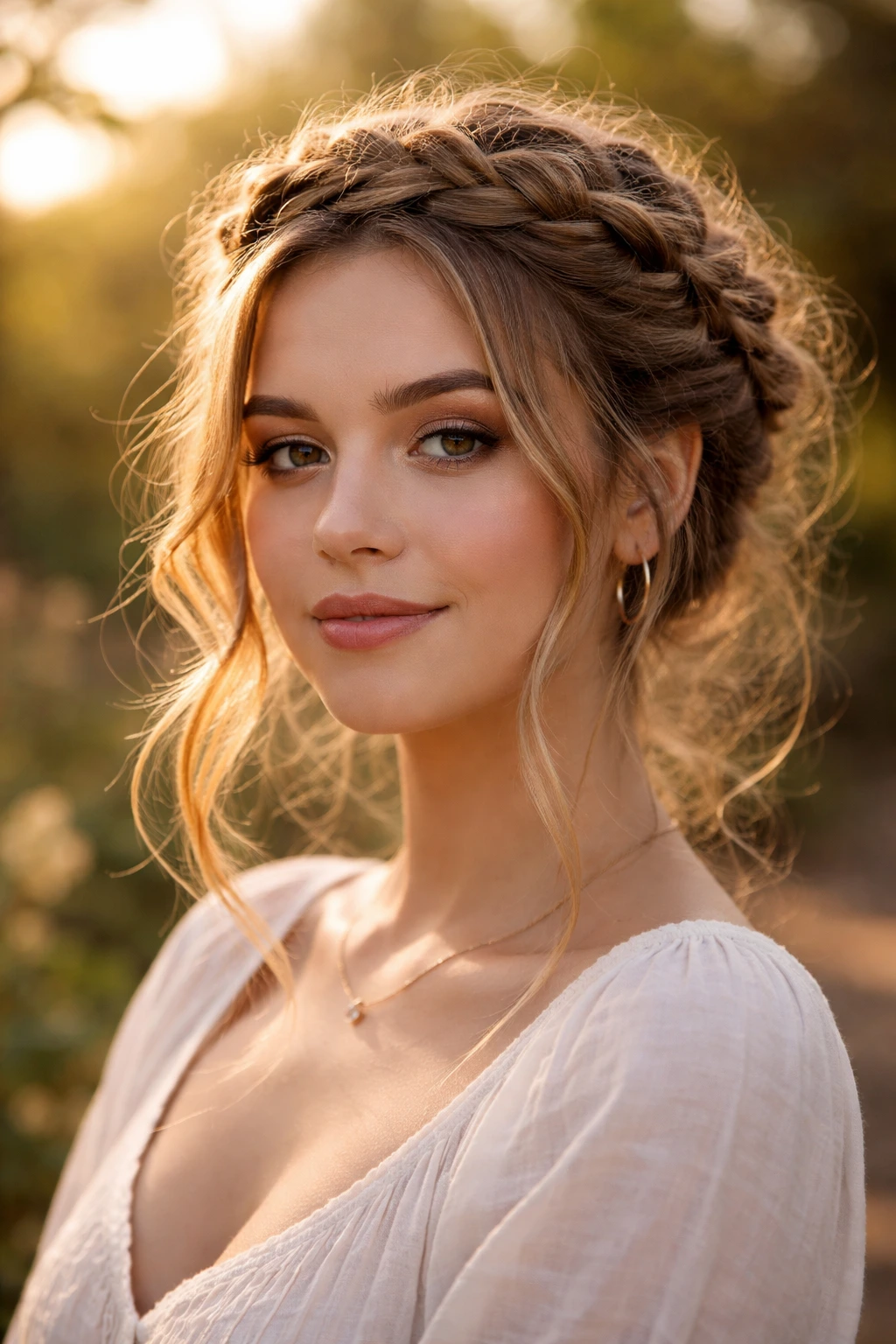 Close-up of a real woman wearing a crown braid around the crown