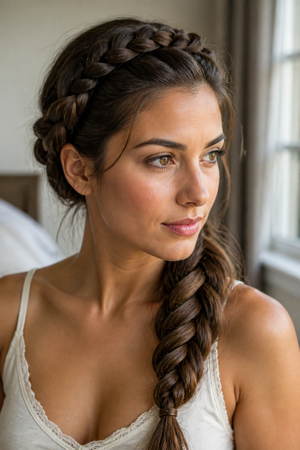 Close-up of a crown braid sweeping to the shoulder on a real woman in window light