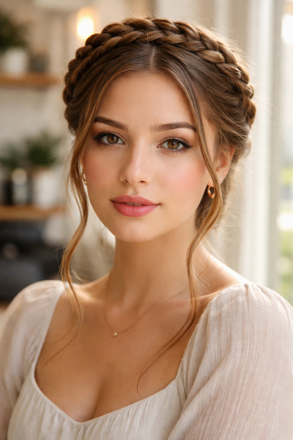 Close-up of a real woman with a crown braid and face-framing tendrils
