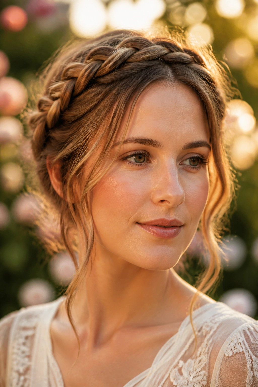Close-up of a real woman with a crown braid and soft tendrils framing the face.