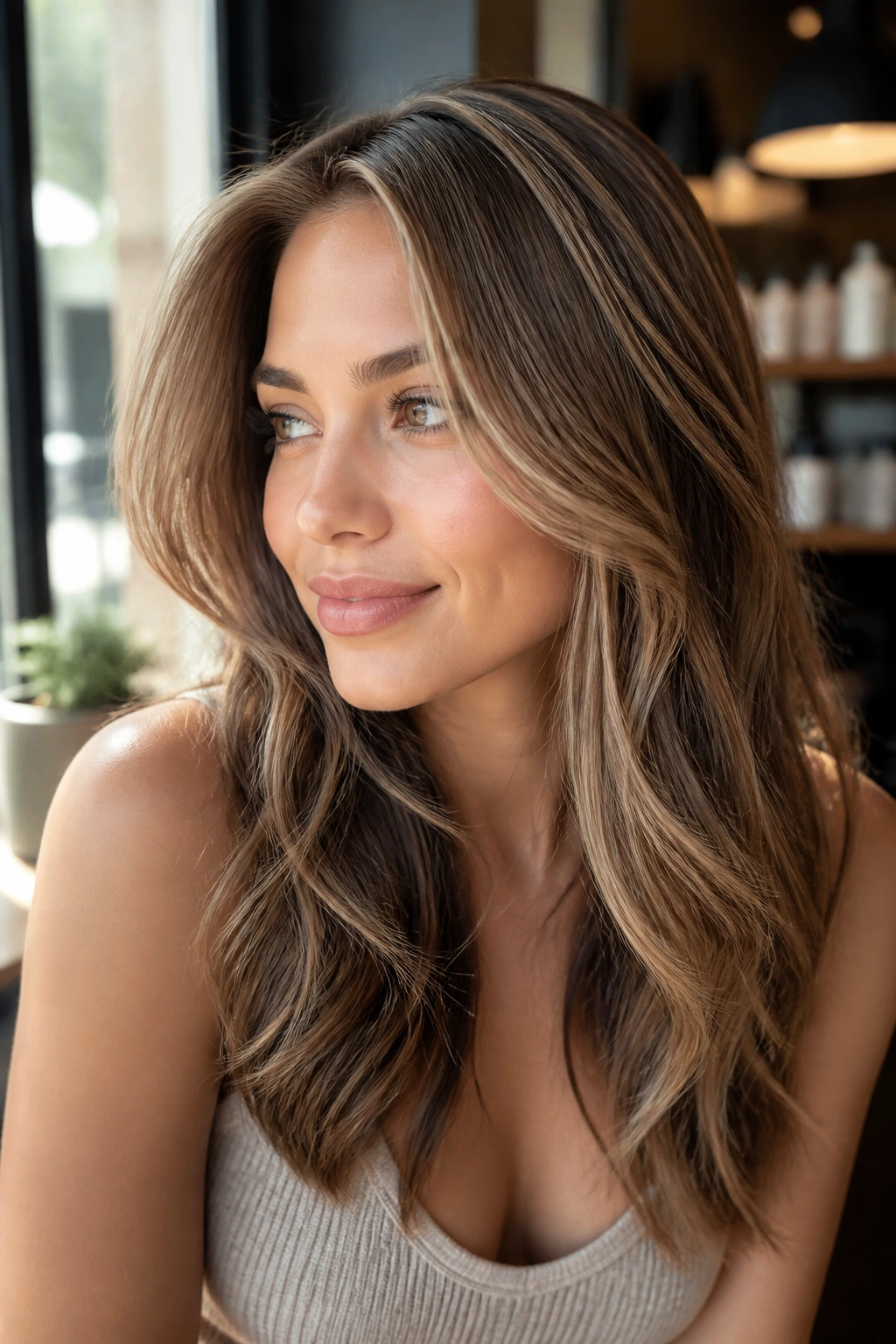 Close-up of crown-brightening highlights and face-framing strands on a real person