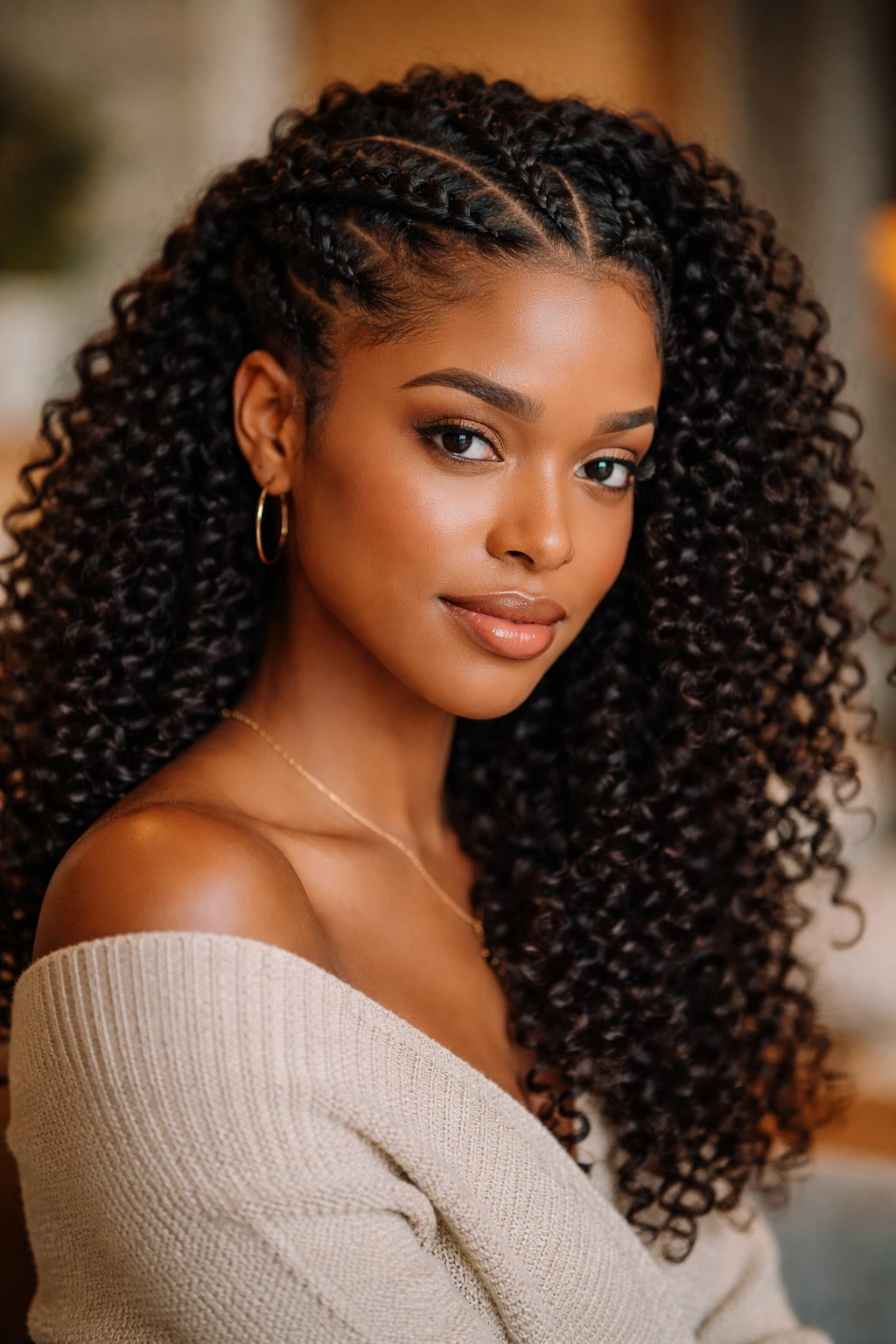 Real woman with crown flat-twist style showing twists around scalp against loose curls