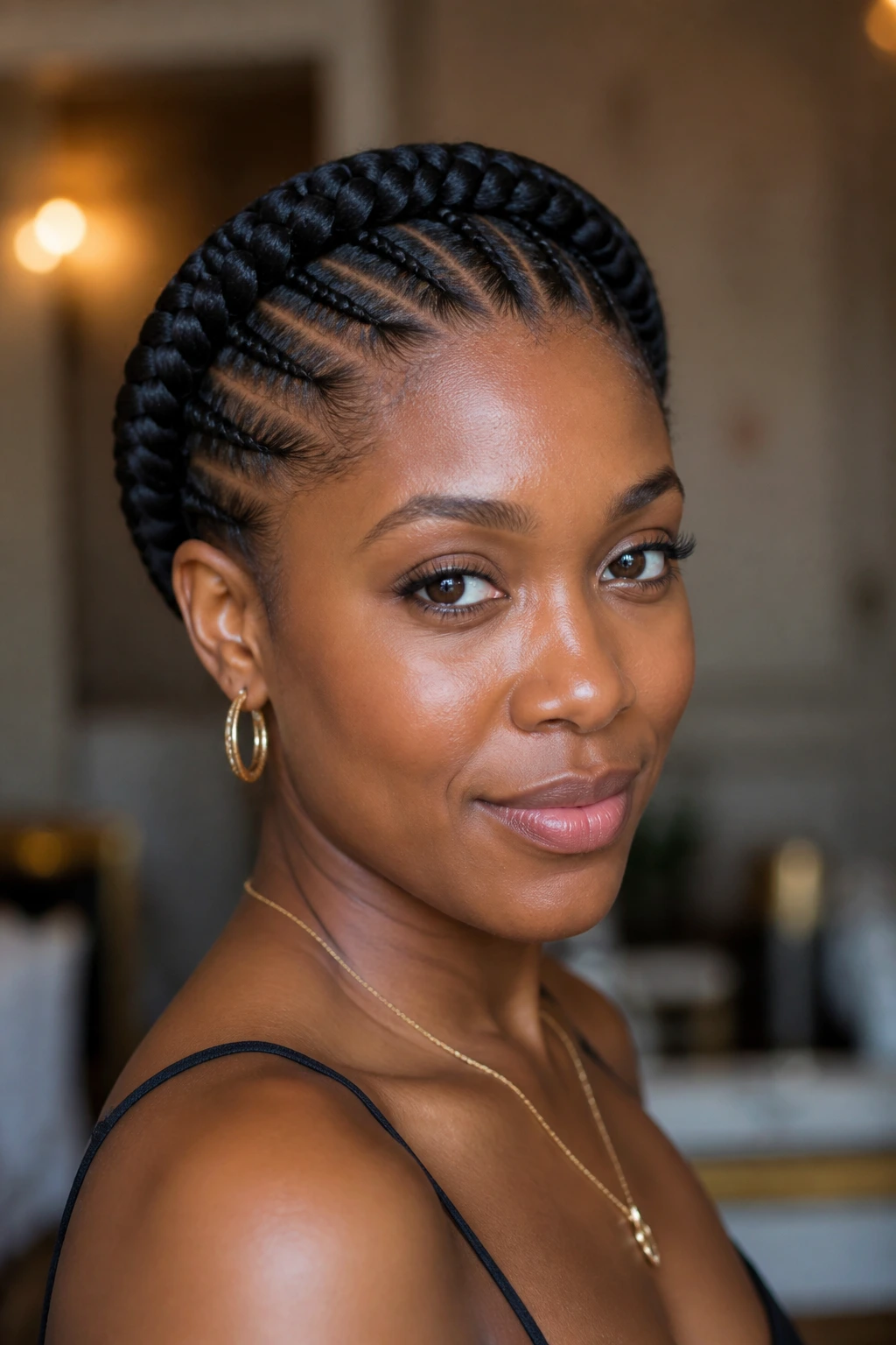 Close-up of a real Black woman with crown halo cornrows forming a circular frame around the head.