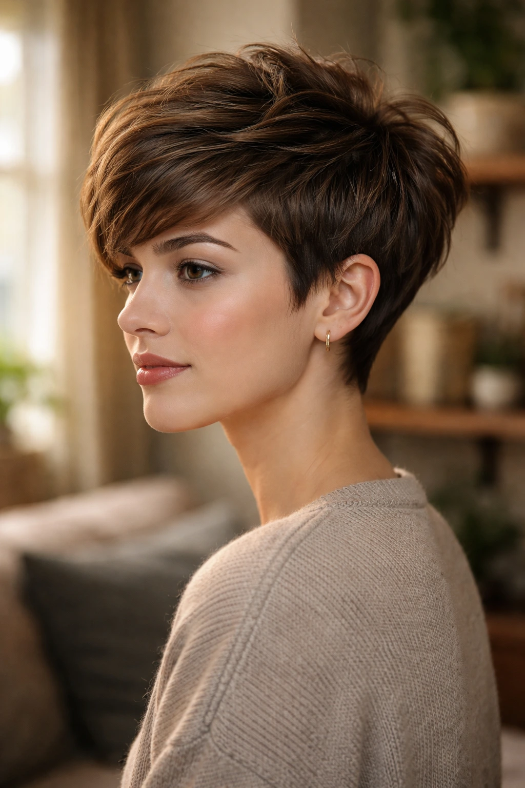 Close-up portrait of a real woman with a crown-heavy pixie showing lifted crown and tapered sides.