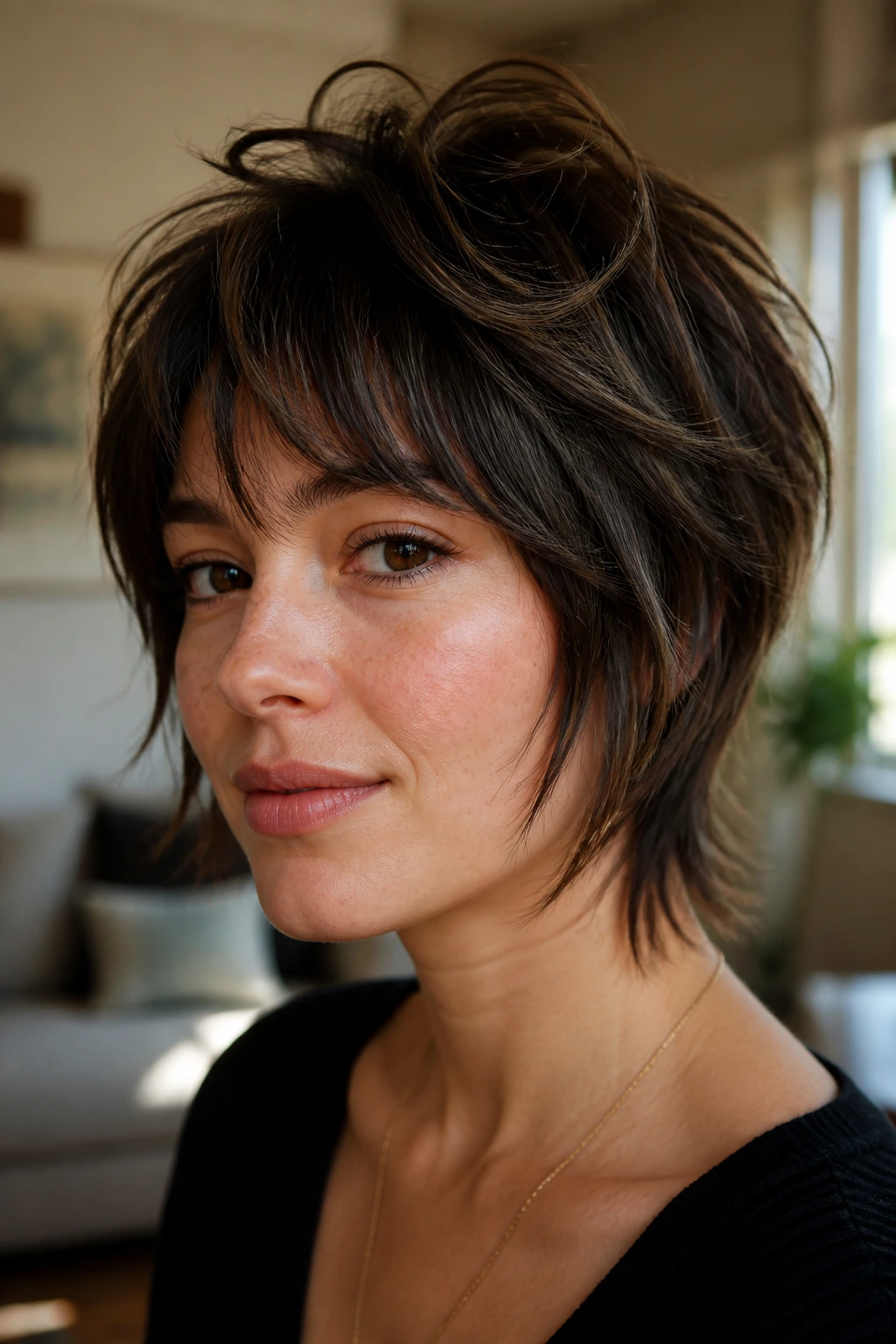 Close-up portrait of a woman with crown-heavy disconnected shag and crown lift.