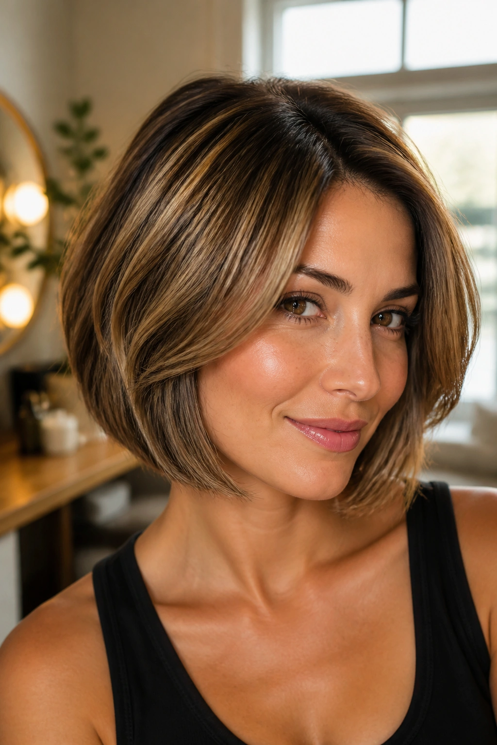 Portrait of a real woman with a chin-length bob featuring crown highlights in warm light
