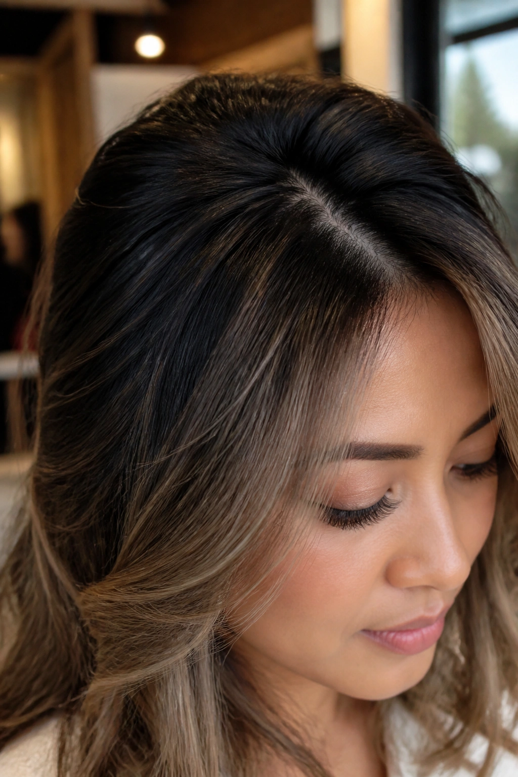 Close-up of crown-highlighted hair creating height on a round face
