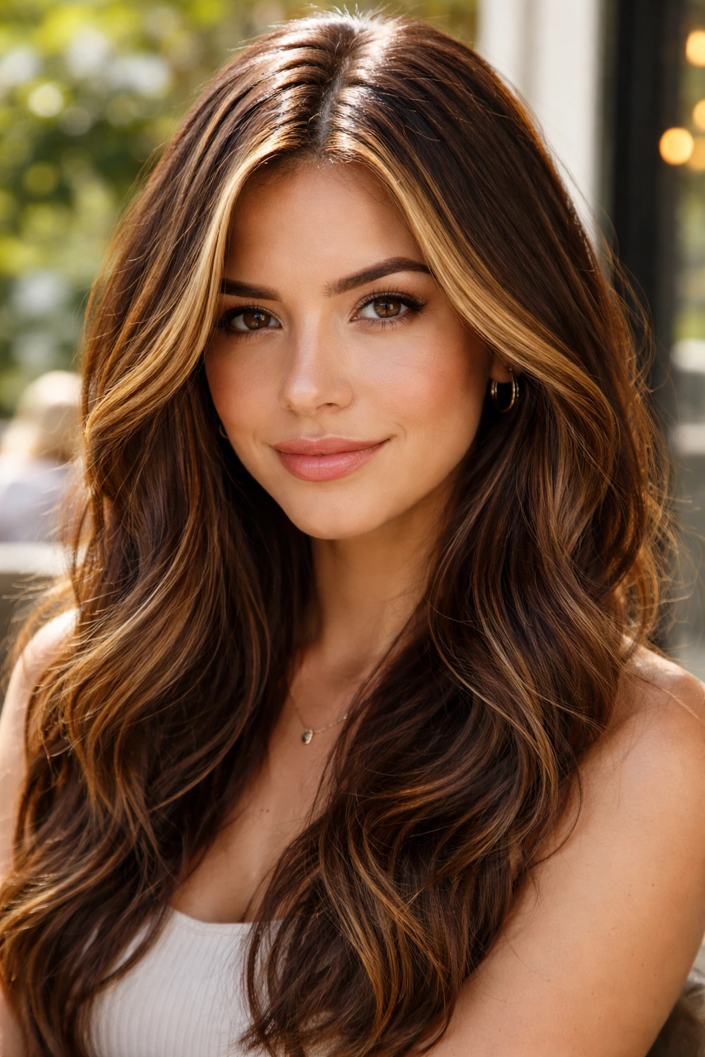 Close-up of real woman with crown highlights at the crown in sunlit setting.