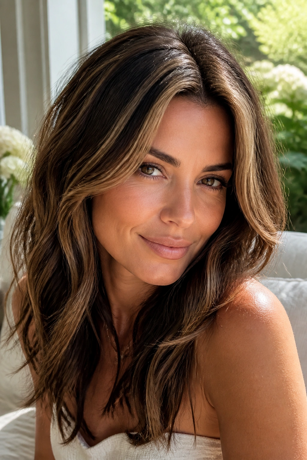 Close-up portrait of a real woman with crown-focused sunkissed caramel highlights around the crown