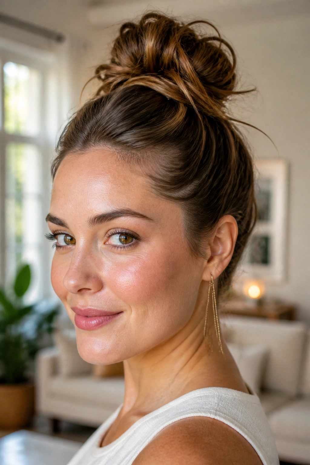 Close-up portrait of a woman with a crown knot and lifted back hairstyle