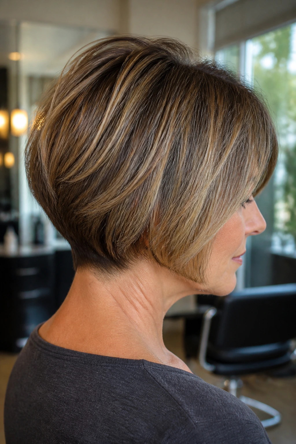 Close-up portrait of Crown-Layer Stack hairstyle on a real woman in a softly lit salon