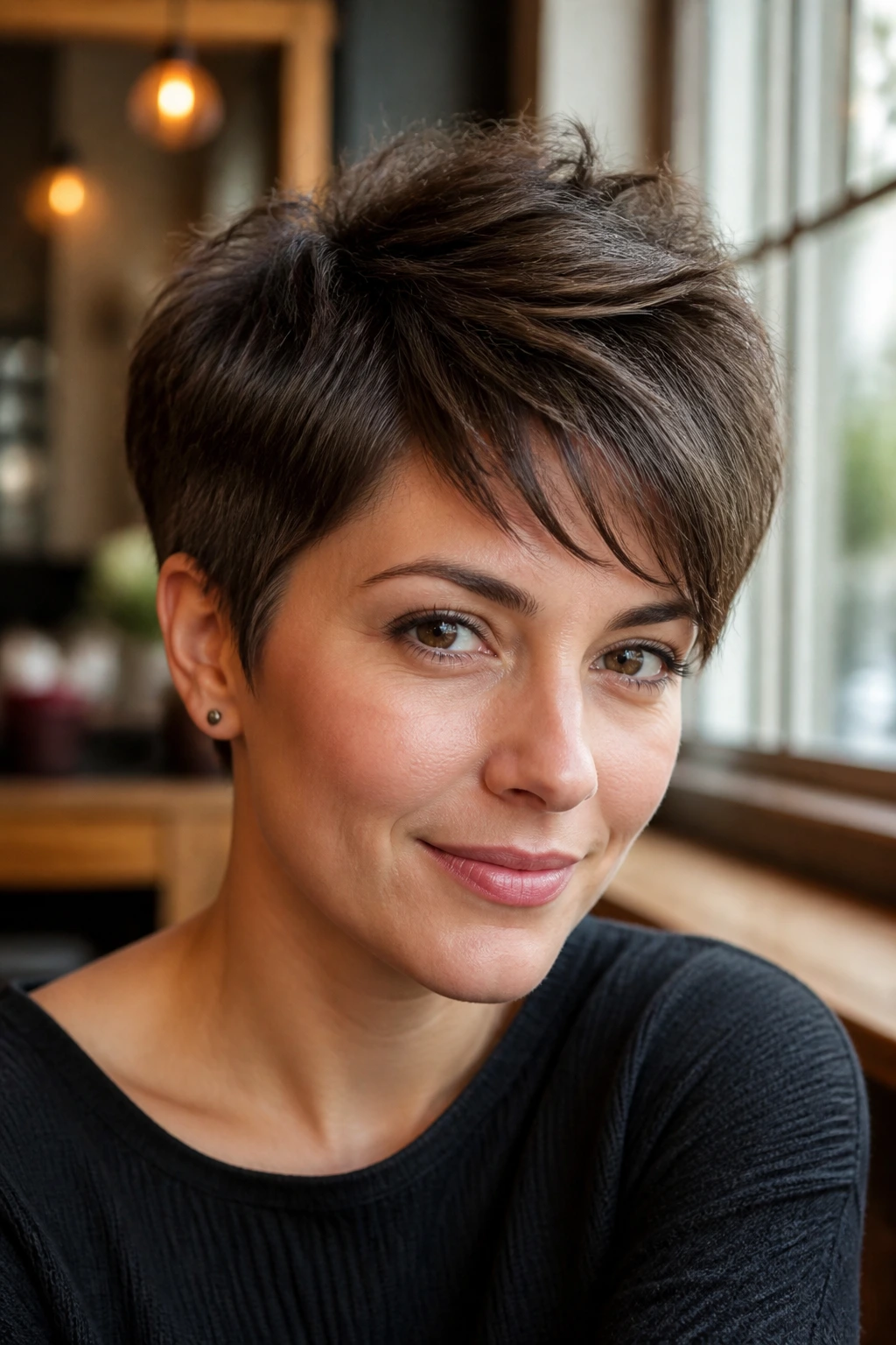 Close-up portrait of a real person with crown-length pixie on top in warm cafe lighting