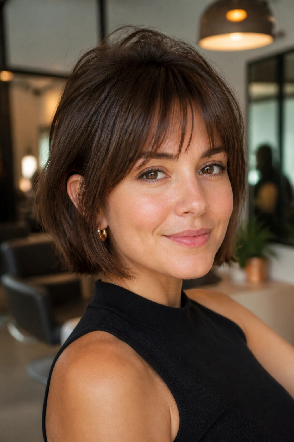 Close-up portrait of a real woman with crown-lift bangs lifting at the crown and cheeks softly framed