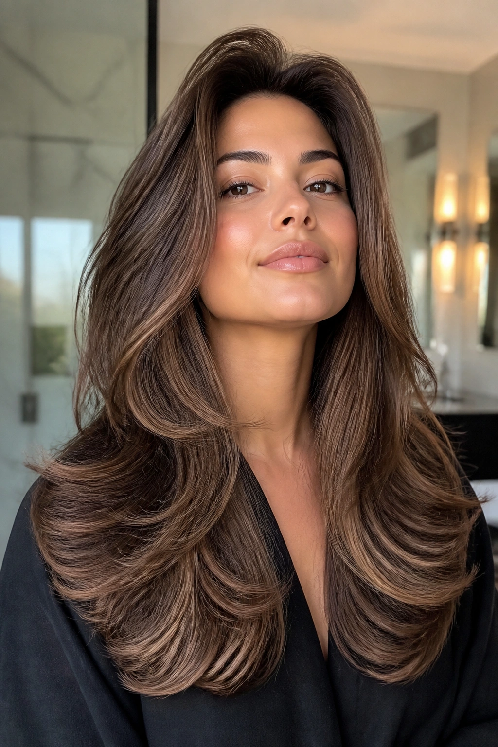 Portrait of a real woman with a crown-lift blowout and big-ended curls