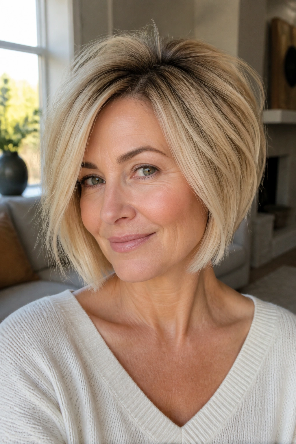 Close-up of real woman with crown-lift bob and face-framing highlights