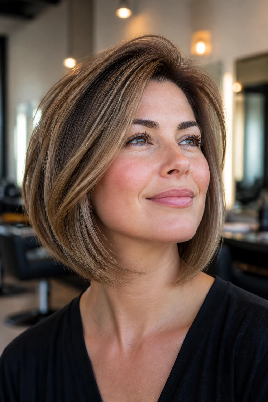 Portrait of a woman with crown-lift bob featuring lift at the crown and smooth sides