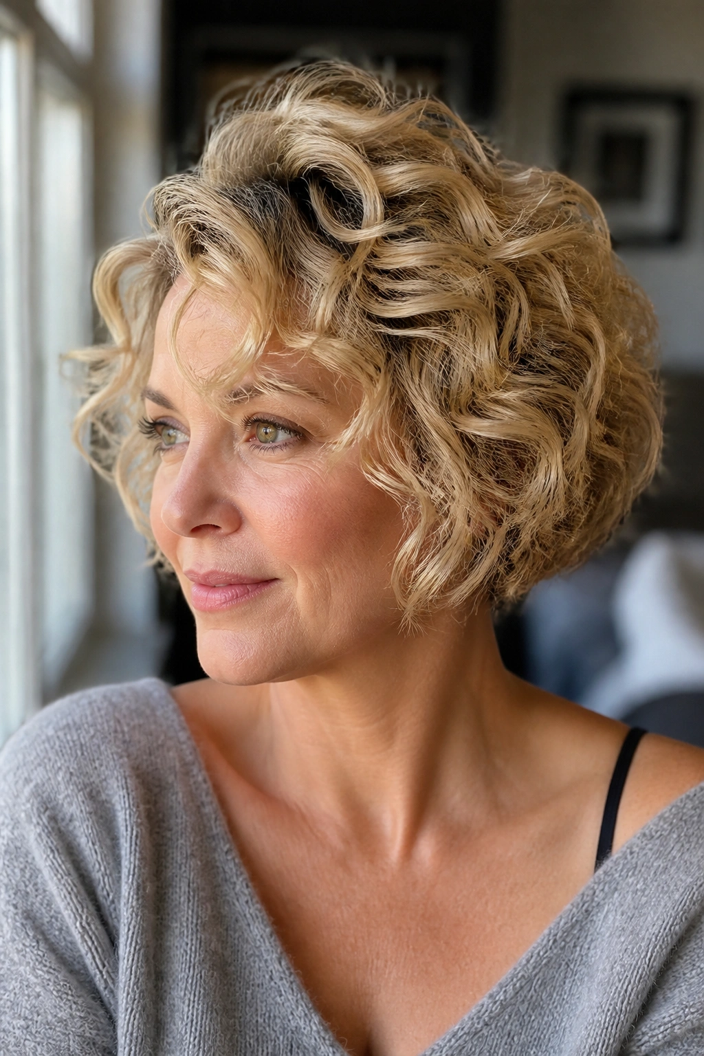 Close-up of a real woman with crown-lift curly bob and soft layers