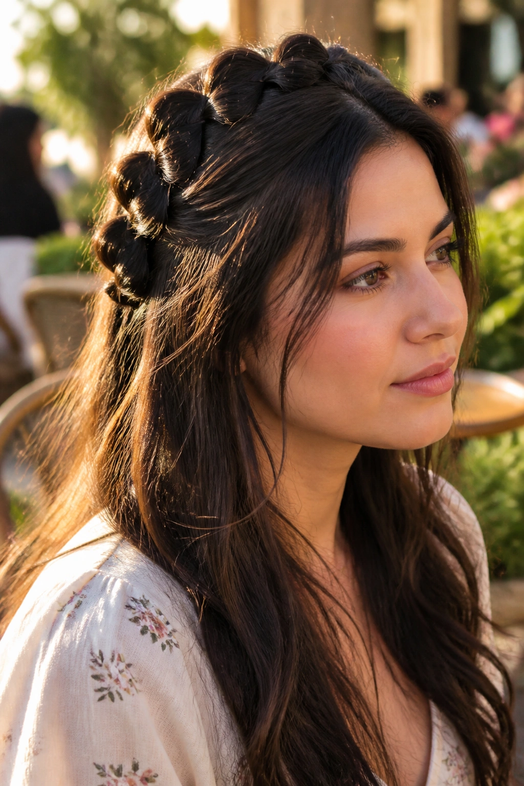 Close-up of a real woman wearing a crown-lift bubble braid along the crown