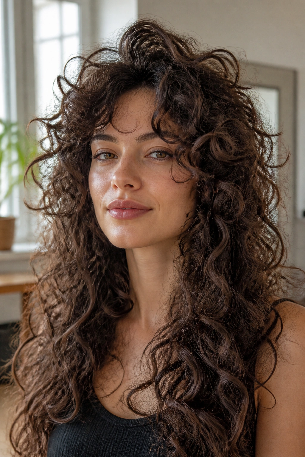 Close-up of a real woman with lifted crown giving long curls more lift.