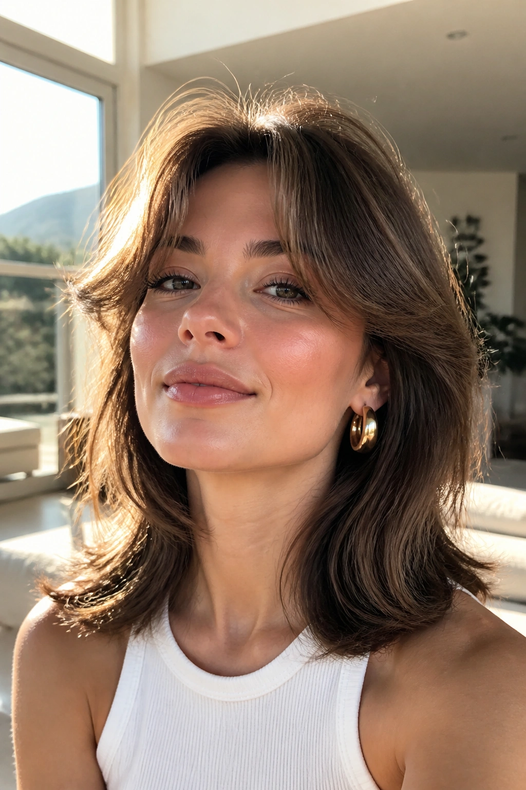 Close-up portrait of a real woman with crown-lift curtain bangs