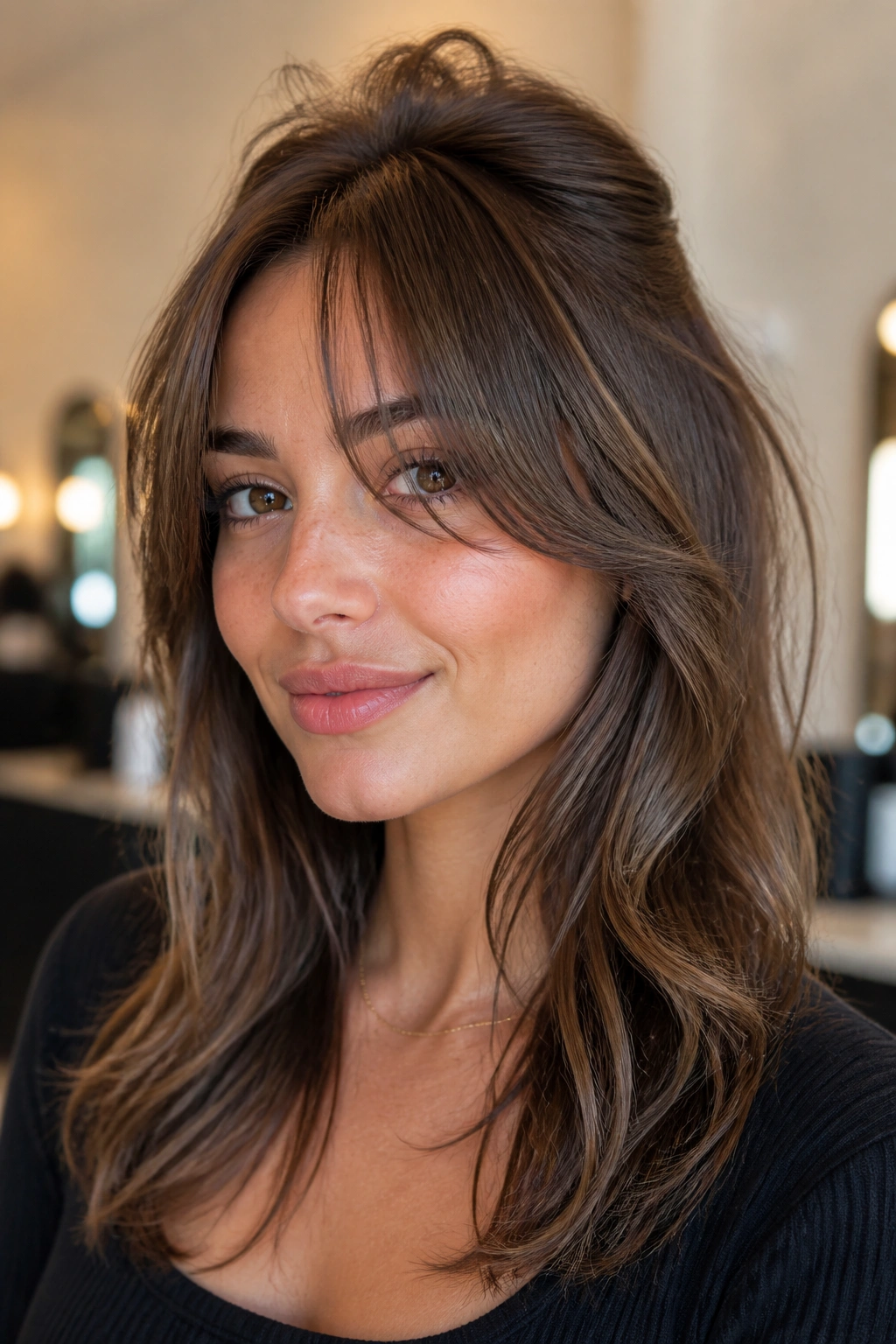 Close-up portrait of a real woman with face-framing bangs and crown lift.