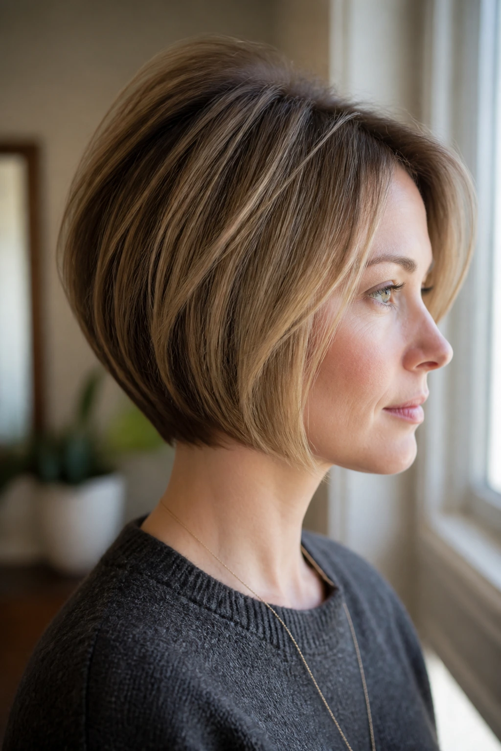 Close-up of a real woman with crown-lift graduated bob for fine hair.