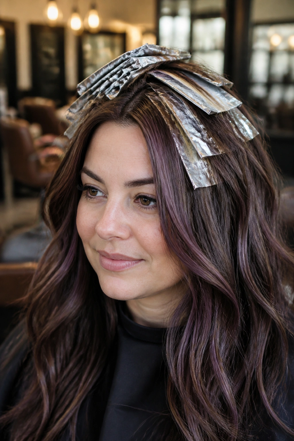 Close-up of crown lift foils creating height on a round-faced real person