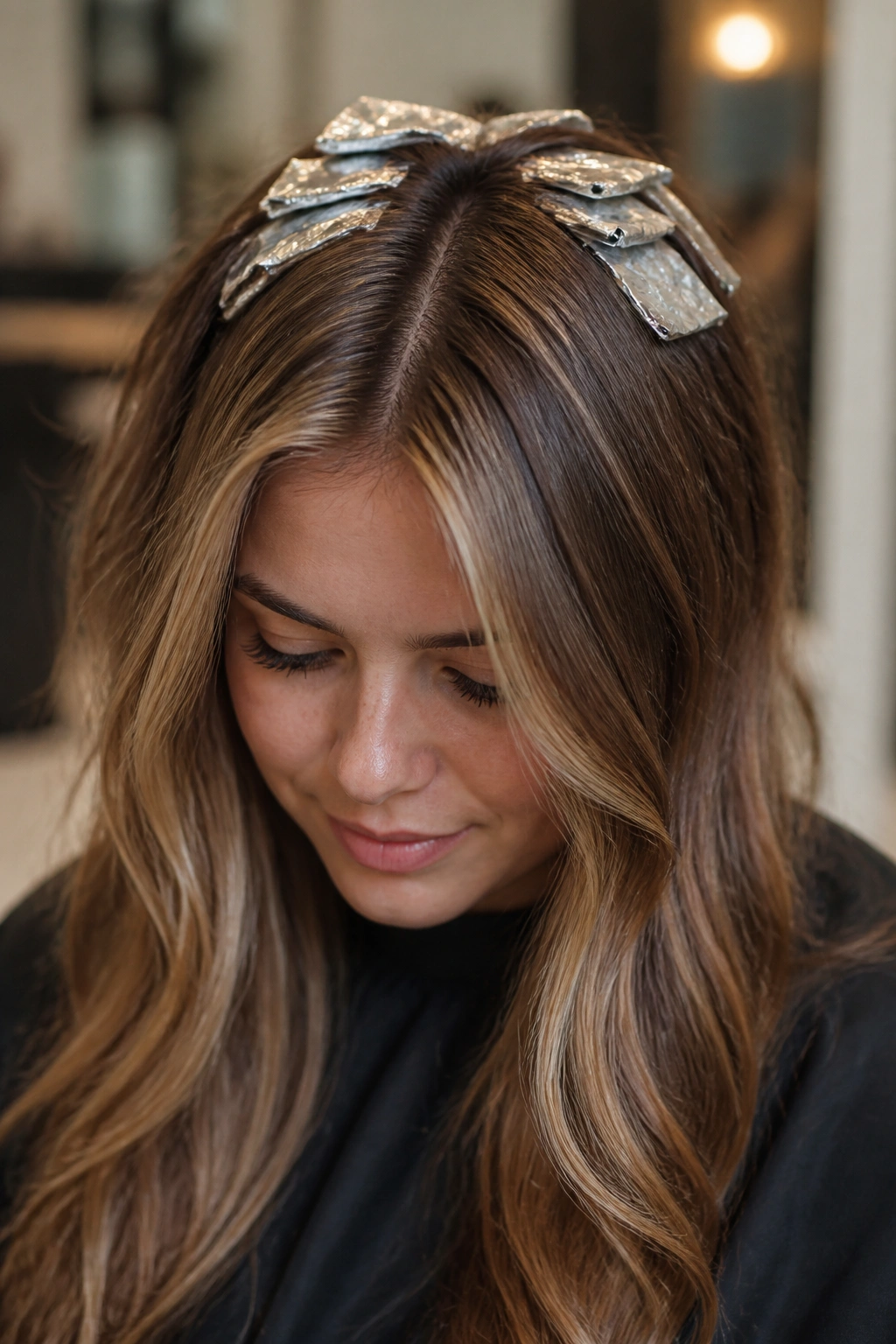 Close-up of crown lift foils opening the top with caramel highlights