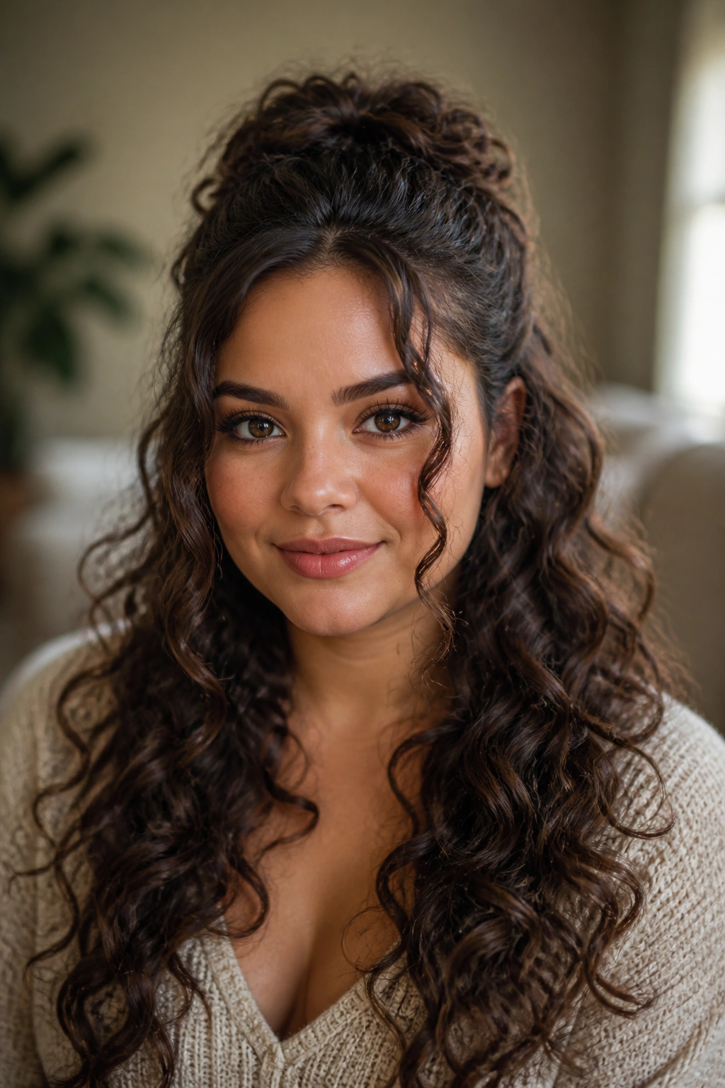 Portrait of a real woman with crown-lift half-up curls