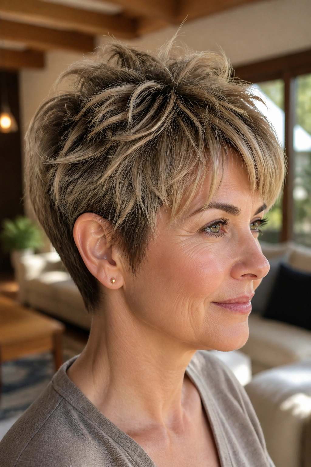 Close-up of a real woman with crown-lifted tousled pixie hairstyle