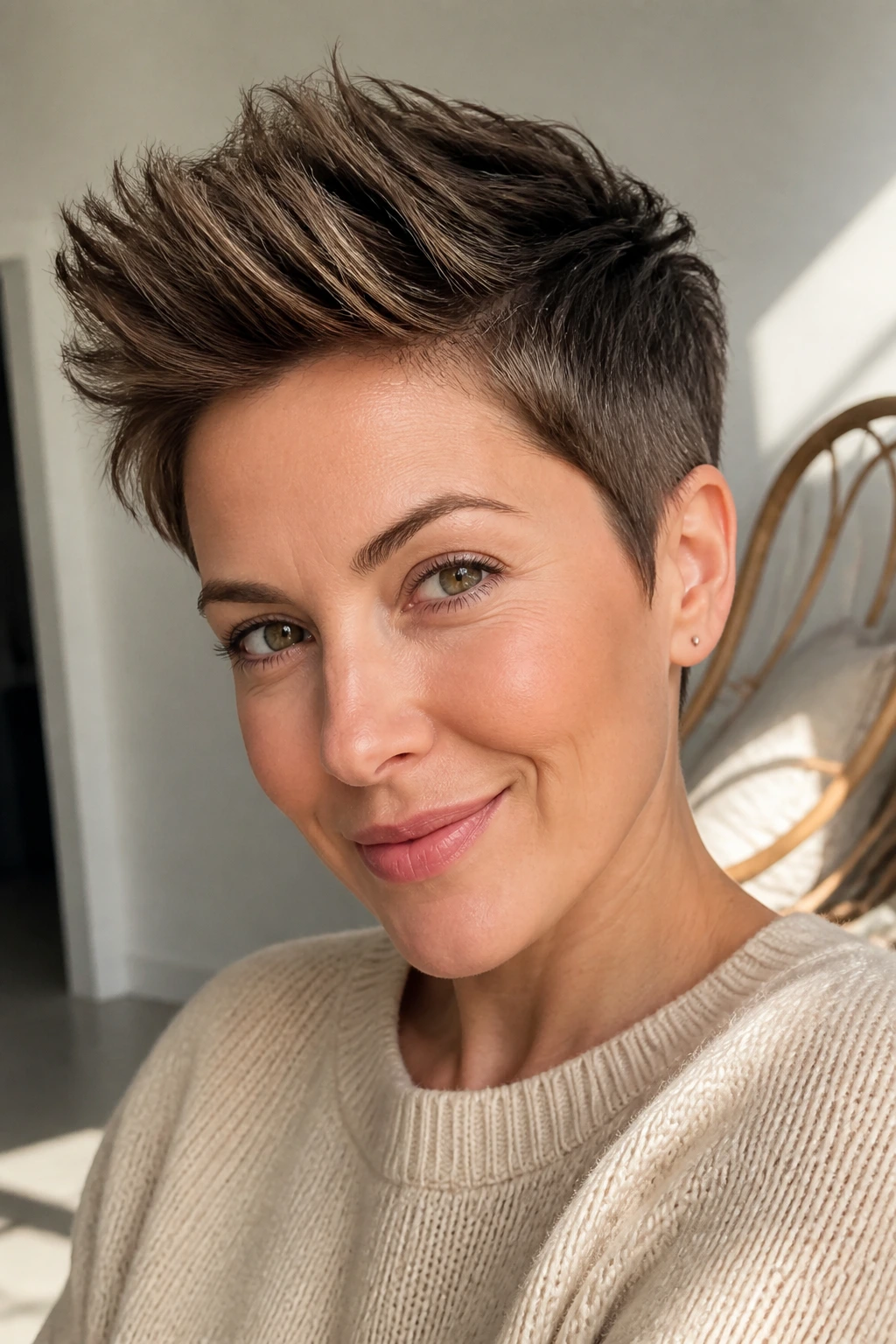 Close-up portrait of a woman showing a crown-lifted long pixie with taller crown and tapered sides.