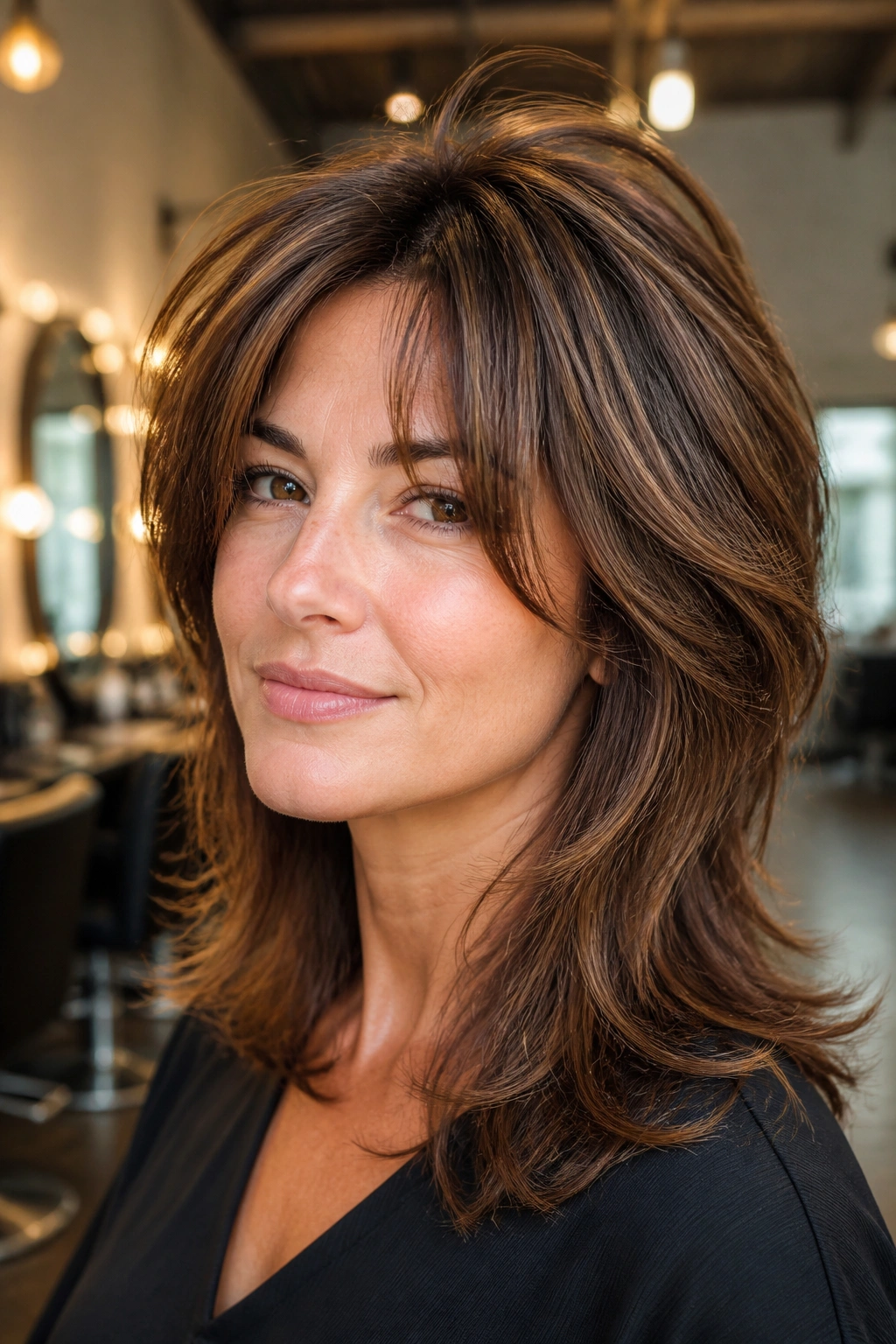 Portrait of a woman with crown-lift shag and feathered ends in a modern salon.